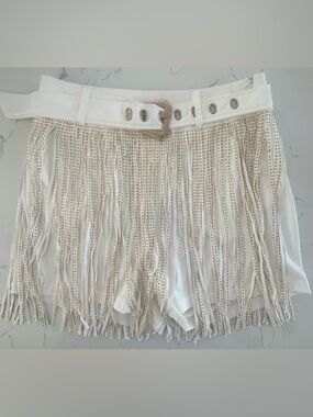 Cloud Ten White Rhinestone Fringe Belted Shorts Western Festival Glam NWT M